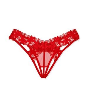 Victorias’s Secret Very Sexy Satin Ziggy Glam Floral Embroidery Crotchless Thong
